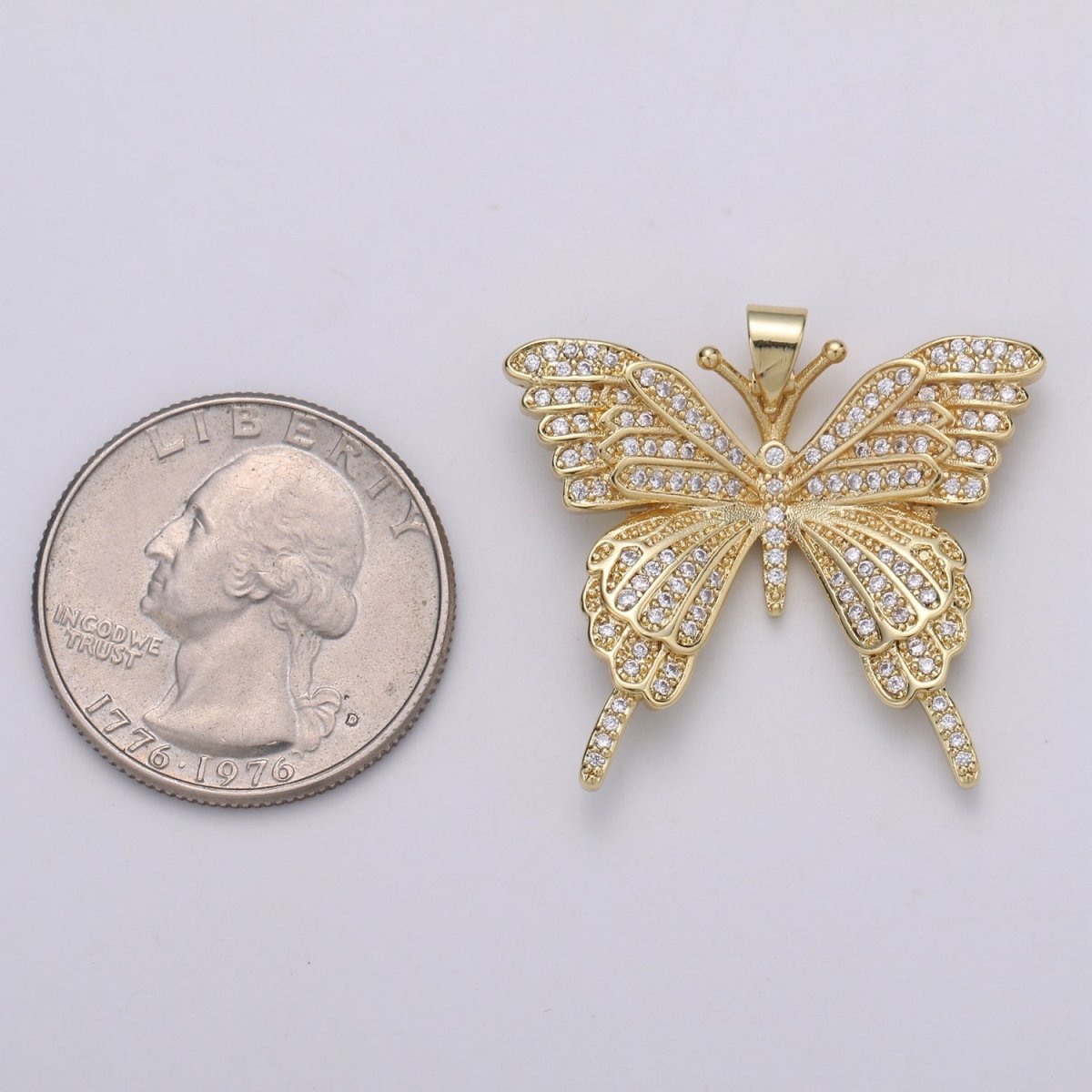 32x27mm Wholesale Gold-Filled Gold or Silver Butterfly Pendant Charm with Rhinestones, Pendant for Necklace Bracelet Anklet Making, Butterfly Zirconia Pendant J-148