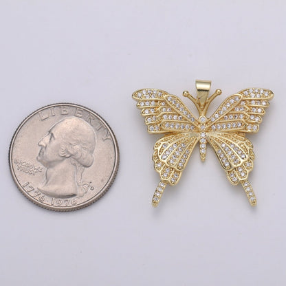 32x27mm Wholesale Gold-Filled Gold or Silver Butterfly Pendant Charm with Rhinestones, Pendant for Necklace Bracelet Anklet Making, Butterfly Zirconia Pendant J-148