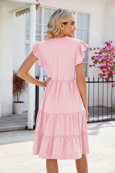 Ruched Notched Cap Sleeve Dress with Pockets and Stretch