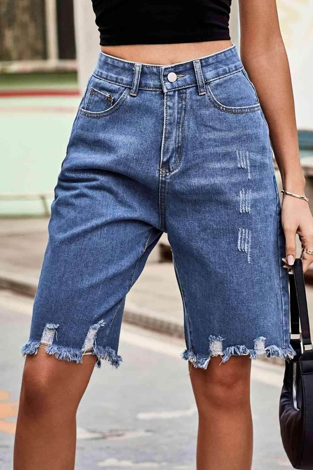 Raw Hem High Waist Denim Shorts with Pockets for Women