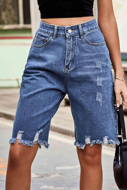 Raw Hem High Waist Denim Shorts with Pockets for Women