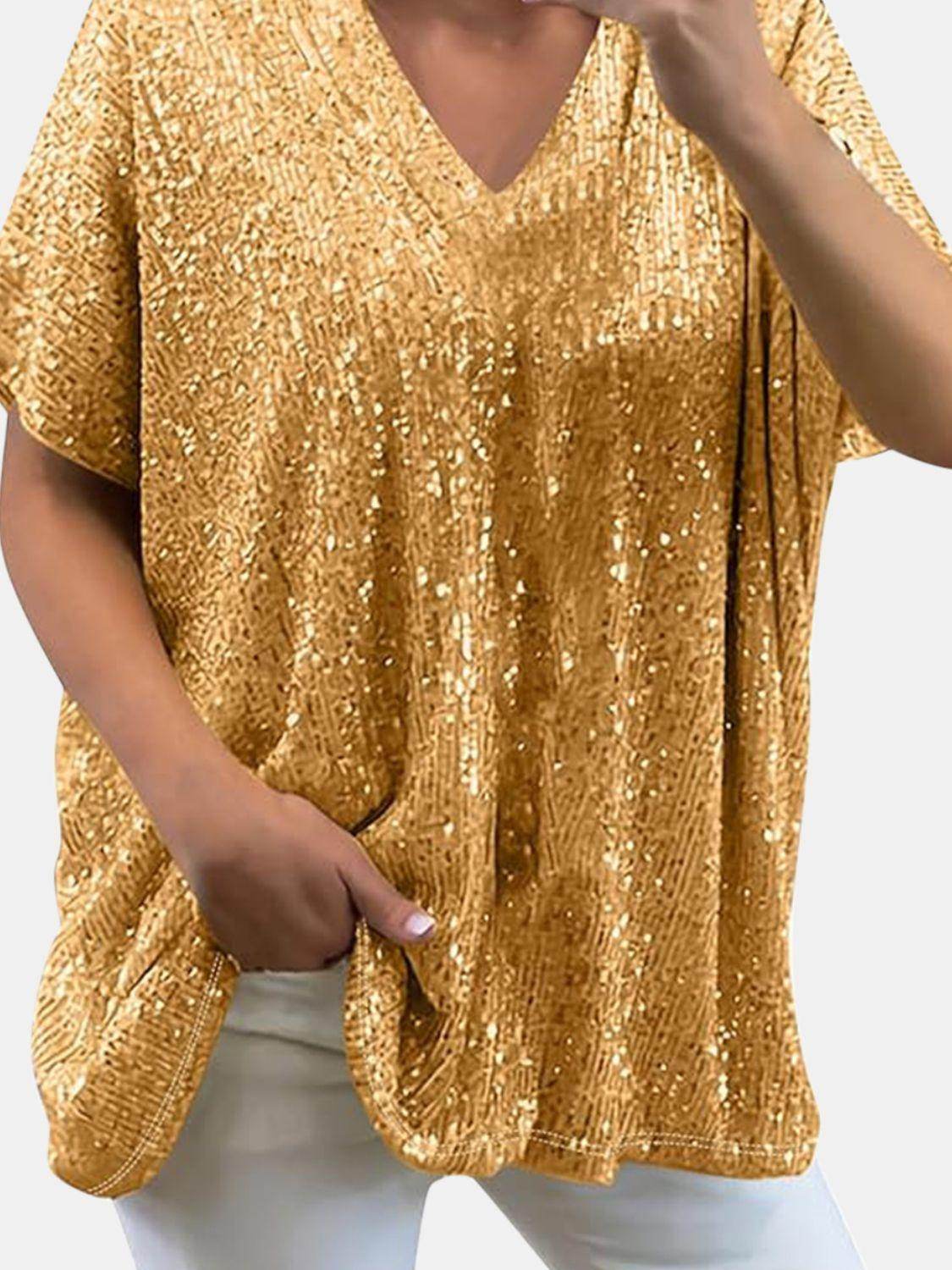 Full Size Sequin V-Neck Short Sleeve Top for Women