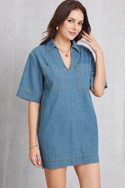 Stylish Pocketed Collared Neck Mini Denim Dress for Women