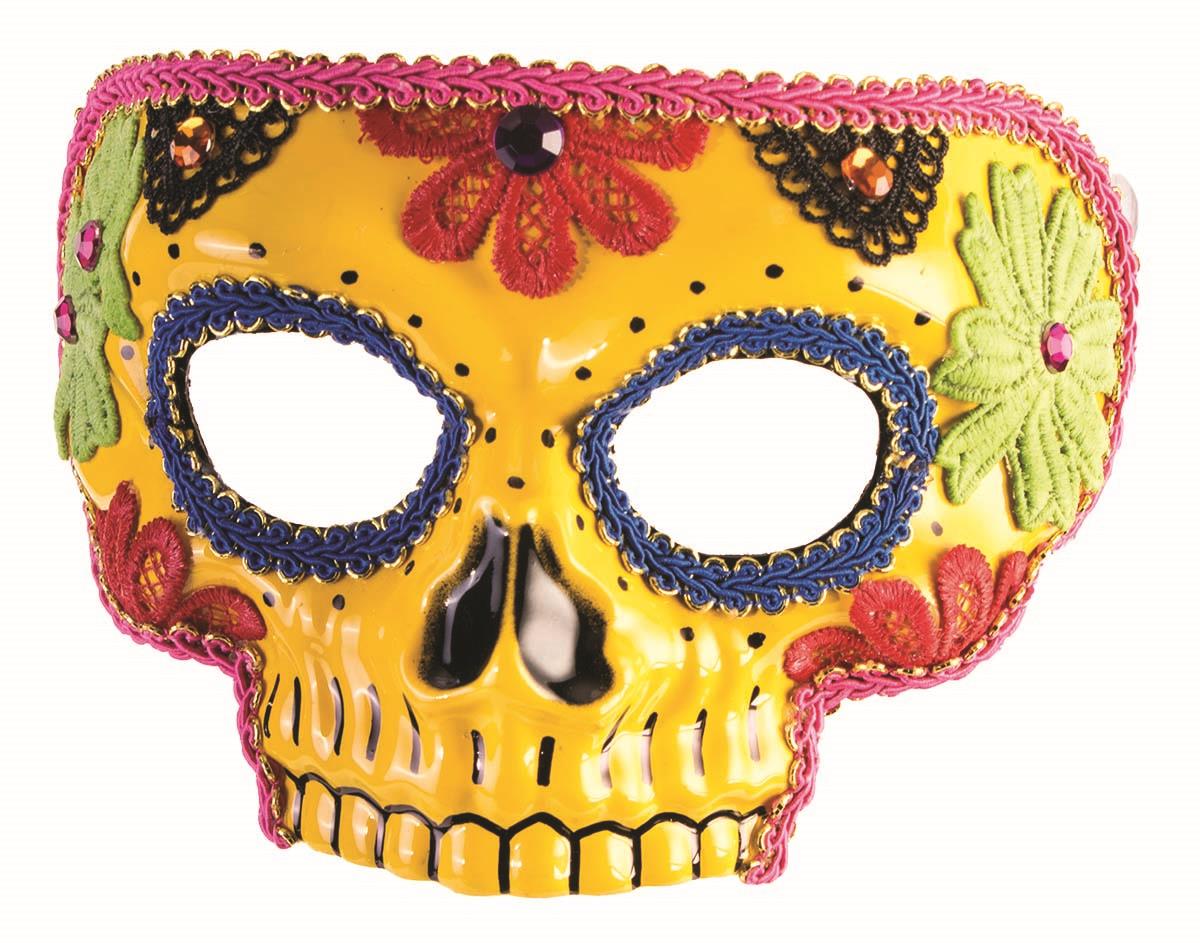 Day Of The Dead Yellow Half Skull with Flowers Adult Venetian Mask
