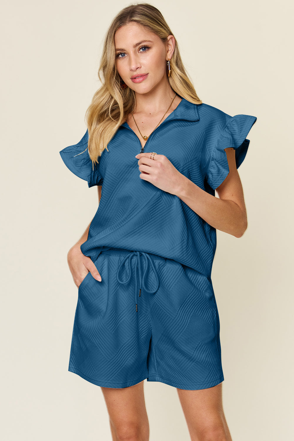 Textured Flounce Sleeve &amp; Drawstring Shorts Set
