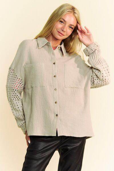 Davi &amp; Dani Crochet Sleeve Crinkled Texture Shirt for Women