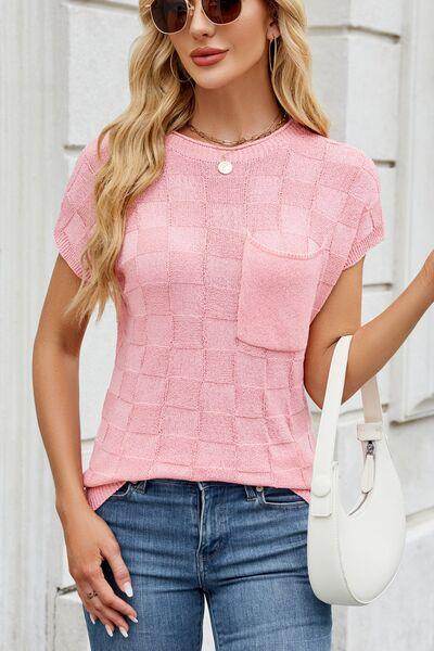 Checkered Round Neck Short Sleeve Knit Top for Women