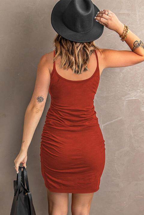Spaghetti Strap Ruched Mini Dress in Opaque Fabric