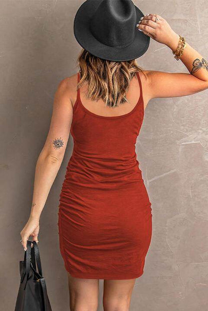 Spaghetti Strap Ruched Mini Dress in Opaque Fabric