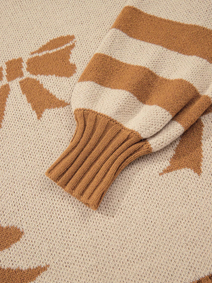 Ribbon Bow Checkered Striped Sleeve Drop Shoulder Sweater