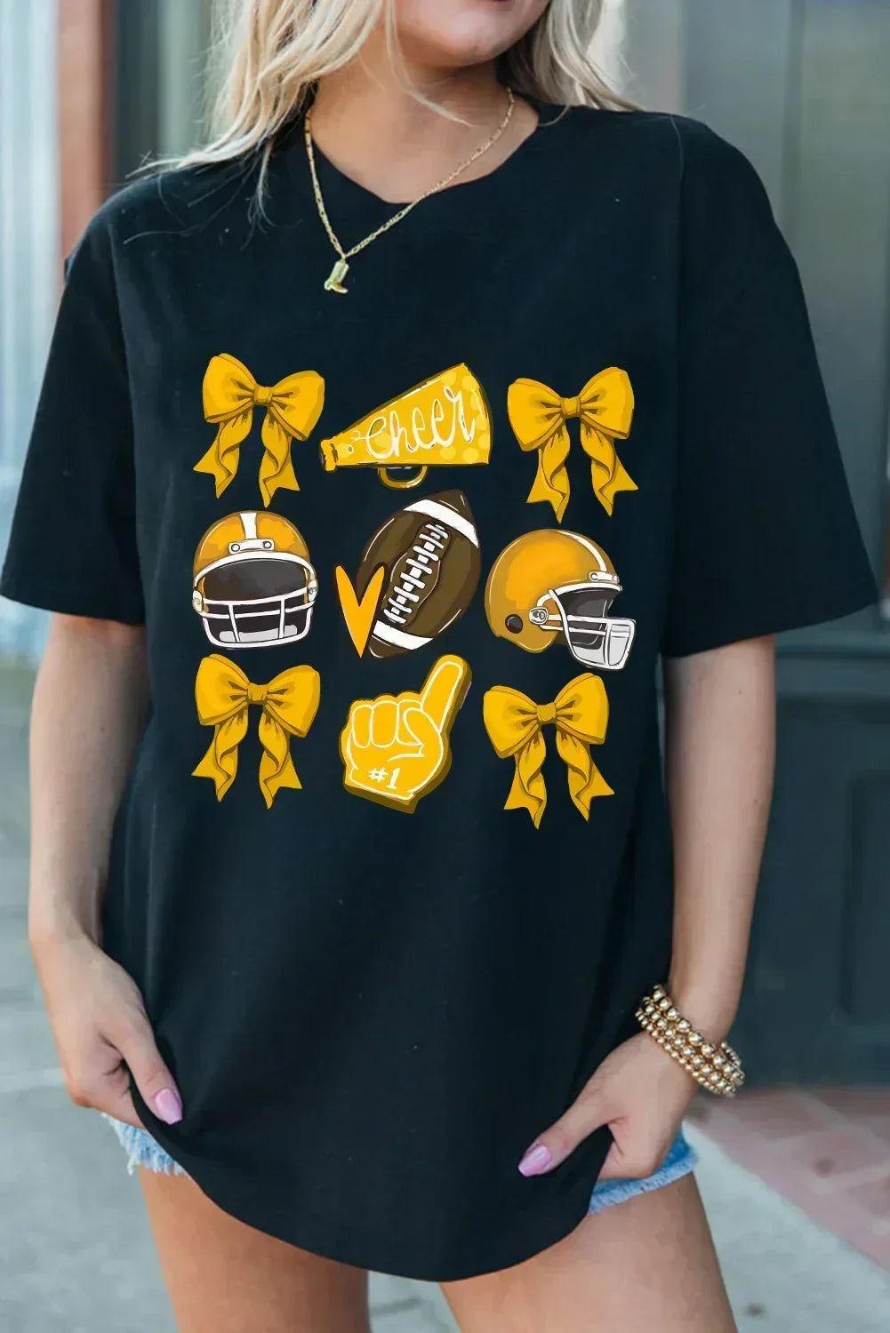 Game Day Rugby Tee: White Cheer Helmet &amp; Bow Graphic T-Shirt
