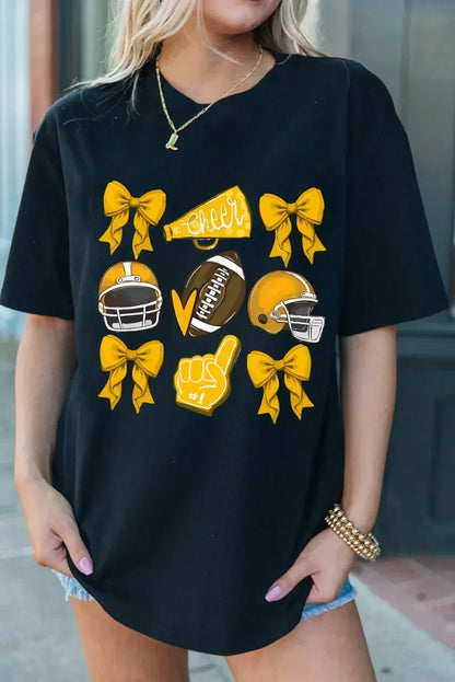 Game Day Rugby Tee: White Cheer Helmet &amp; Bow Graphic T-Shirt