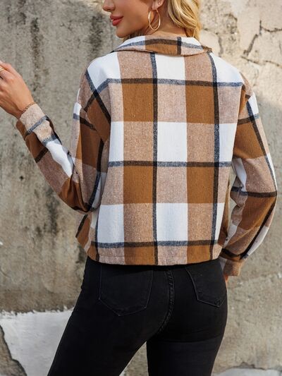 Women Brown Plaid Collared Neck Cropped Jacket Trendy &amp; Versatile Outerwear