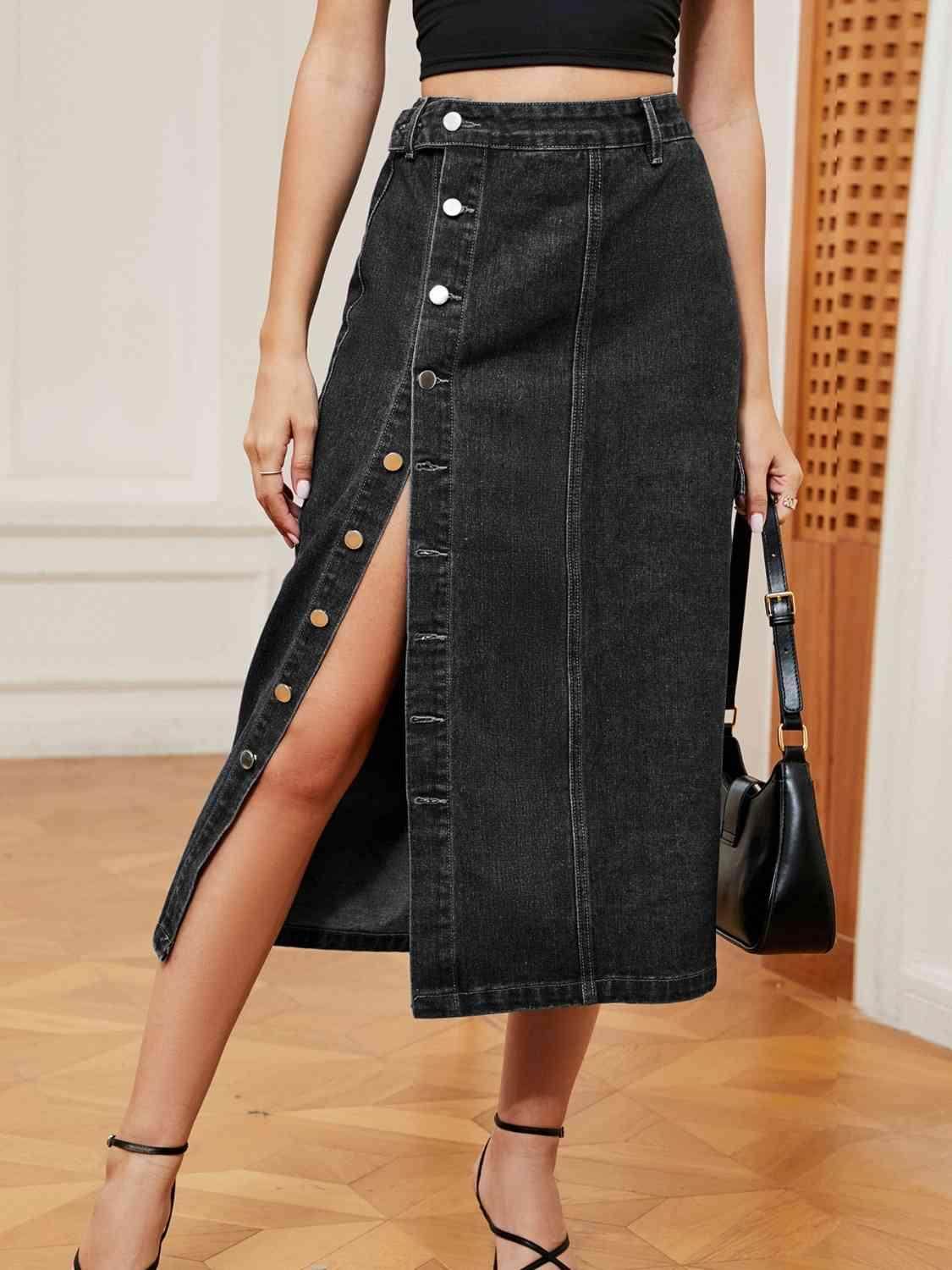 Button Down Midi Denim Skirt with Pockets and Button Detail