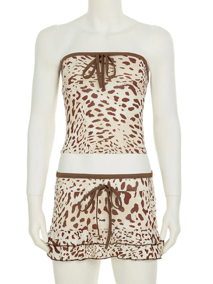 Leopard Print Strapless Top and Skirt Two-Piece Set
