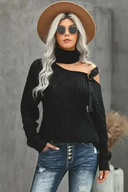 Winter Black Strapped Cut out Shoulder Turtleneck Sweater