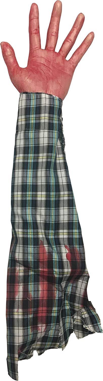 Bloody Hand and Arm with Plaid Shirt Hang out of Trunk Halloween Gag Prop