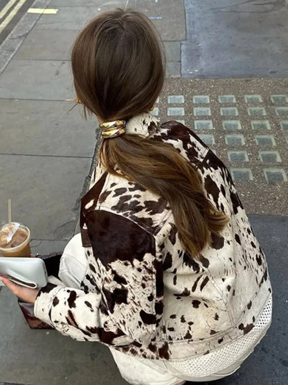Cow Print Collared Neck Jacket