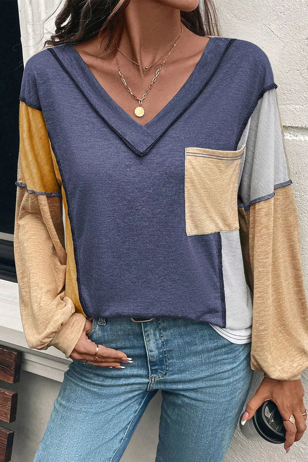 Color Block V-Neck Long Sleeve T-Shirt