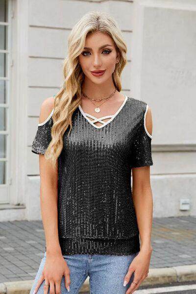 Sequin Crisscross V-Neck Cold Shoulder Blouse for Women