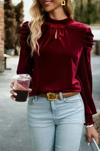 Fiery Red Velvet Blouse - Mock Neck &amp; Puff Sleeves | Femstylo