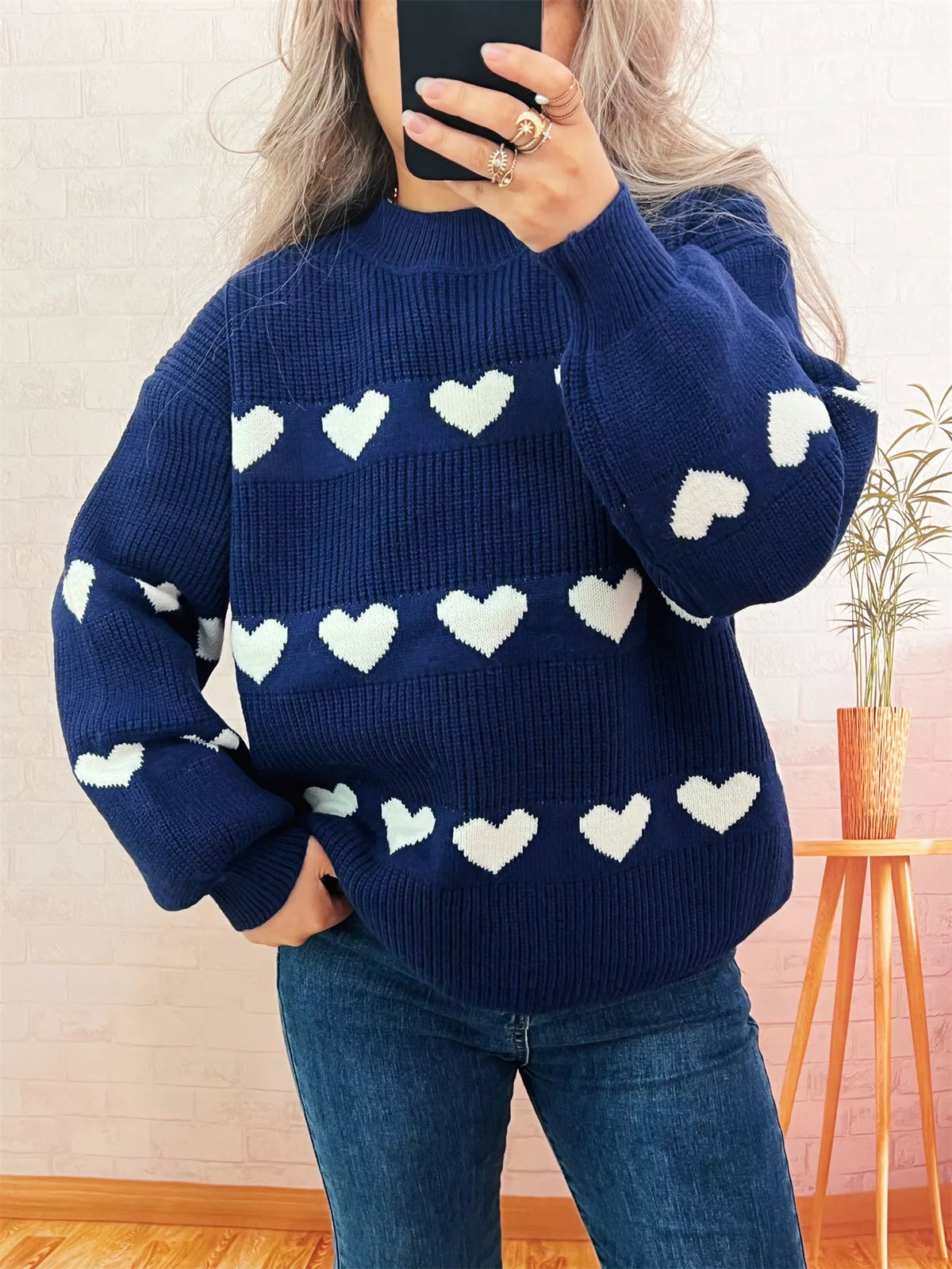 Heart Pattern Dropped Shoulder Sweater