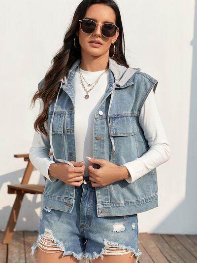 Drawstring Button Up Sleeveless Denim Jacket for Women