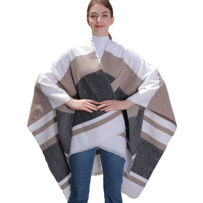 Womens Striped Tassel Cross-Strap Warm Cape Shawl