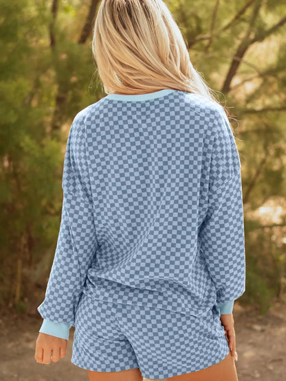 Checkerboard Long Sleeve Pullover and Shorts Set