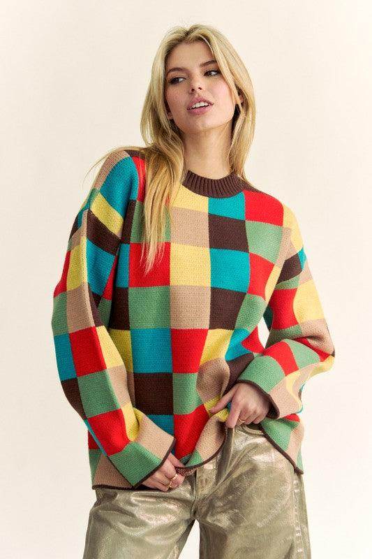 Davi &amp; Dani Color Block Checkered Dropped Shoulder Sweater