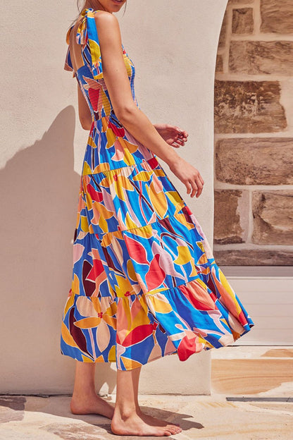 Multicolored Floral Tie-Shoulder Smocked Maxi Dress Elegant &amp; Flowy Summer Style Dress