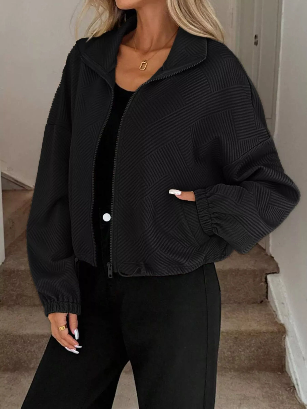 Textured Zip-Up Drawstring Hem Jacket