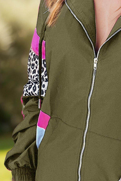 Leopard Zip Up Long Sleeve Hooded Jacket for Women