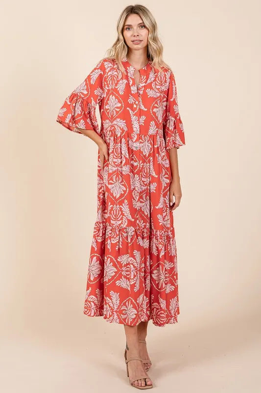 Mittoshop Abstract Leaf Print Tiered Ruffle Dress