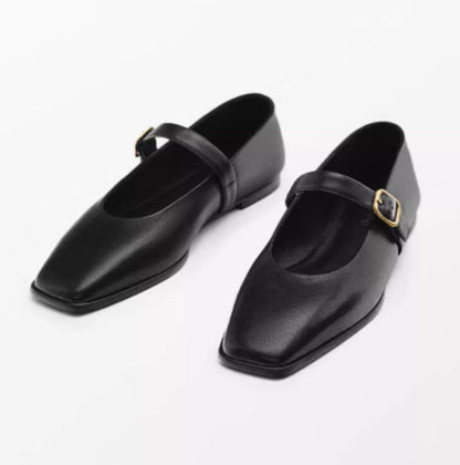 Genuine Leather Square-toe Flat Shoes For Women With Shallow Mouth And Single Strap