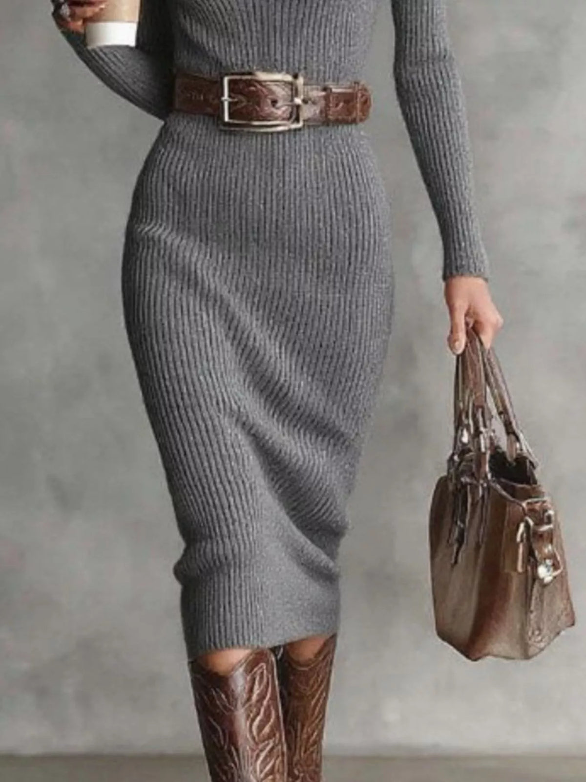 Full Size Ribbed Knit Turtleneck Sweater Dress Plus Size