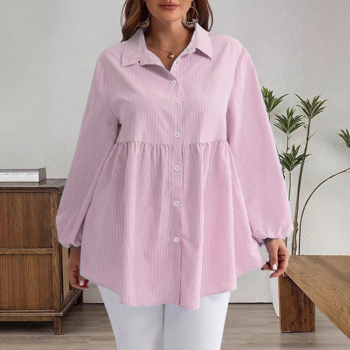 Striped Casual Loose-fitting Long-sleeve Lapel Shirt