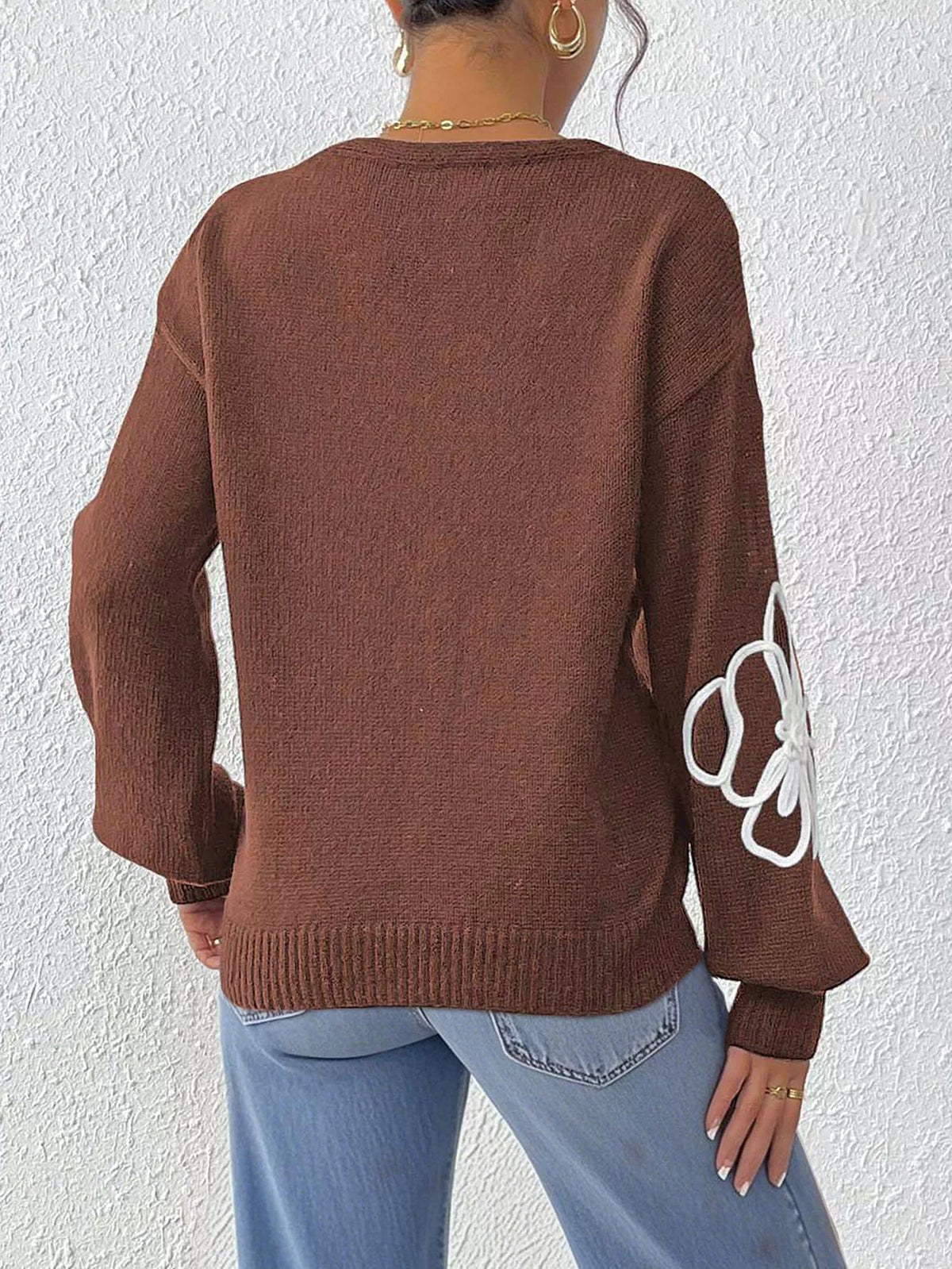 Flower V-Neck Long Sleeve Sweater