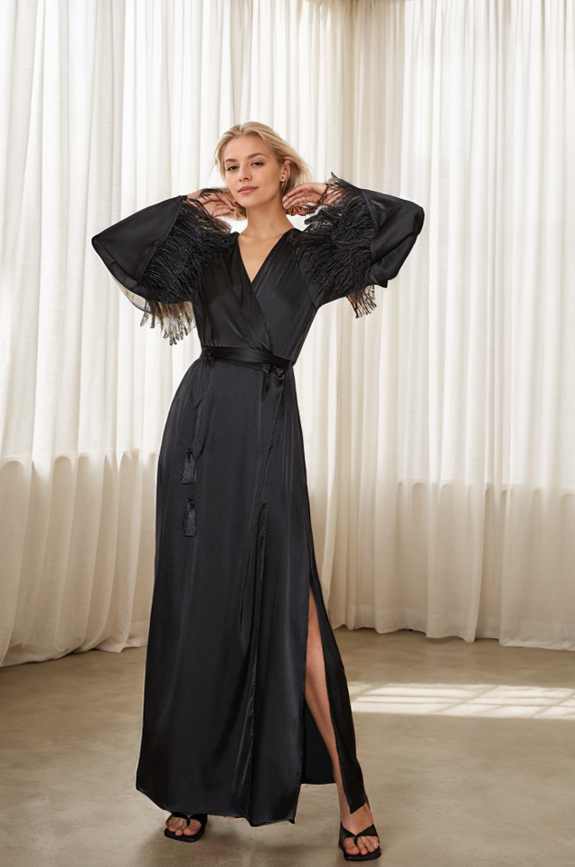 Luxury Feather-Trimmed Satin Robe - Elegant Full-Length Lounge &amp; Bridal Wear