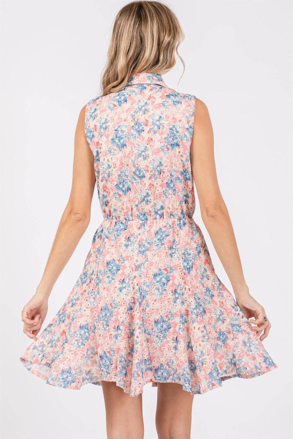 GeeGee Full Size Floral Eyelet Sleeveless Mini Dress for Summer