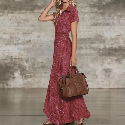 Ebay Amazon European And American Foreign Trade Retro Paisley Print Lapel Dress With Waist-Cinching A-Line Long Skirt For Women