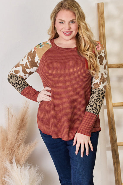 Hailey &amp; Co Full Size Leopard Waffle-Knit Blouse