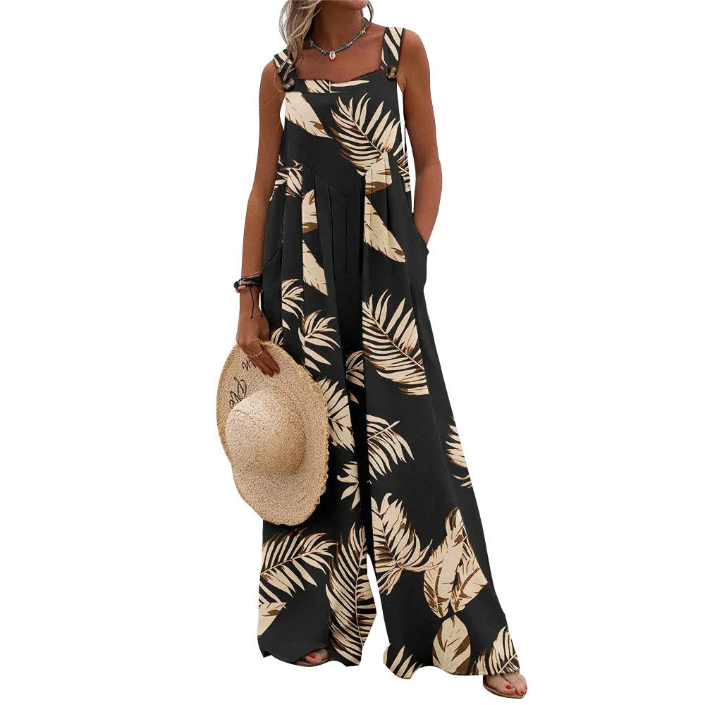 Womens Printed Sleeveless Loose Casual Wide-Leg Pants