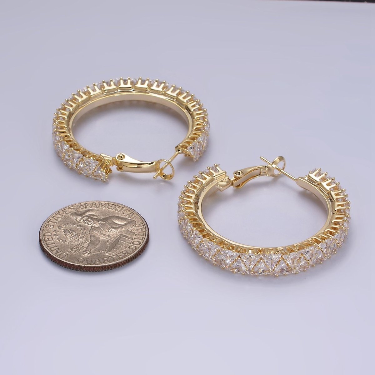 35mm Clear Triangle CZ Lined Hinge Hoop Earrings in Gold &amp; Silver | AE275 AE376