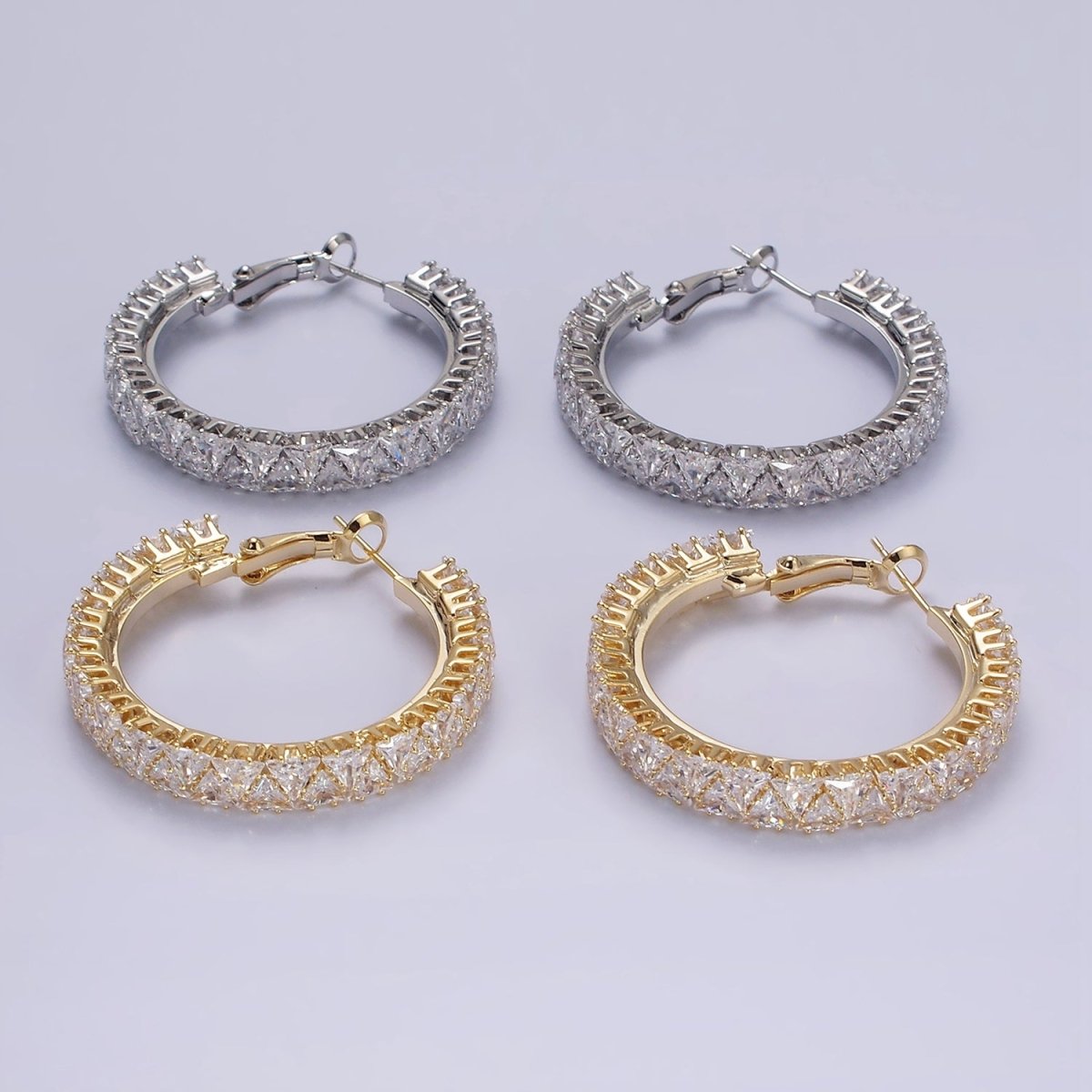 35mm Clear Triangle CZ Lined Hinge Hoop Earrings in Gold &amp; Silver | AE275 AE376
