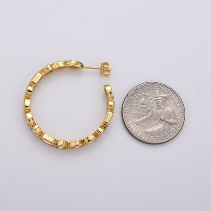 14K Gold Filled 35mm Irregular Geometric CZ Bezel C-Shaped Hoop Earrings | K569