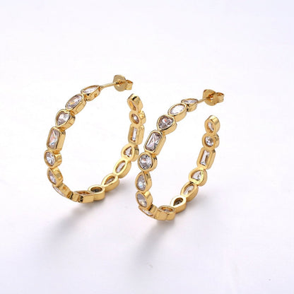 14K Gold Filled 35mm Irregular Geometric CZ Bezel C-Shaped Hoop Earrings | K569