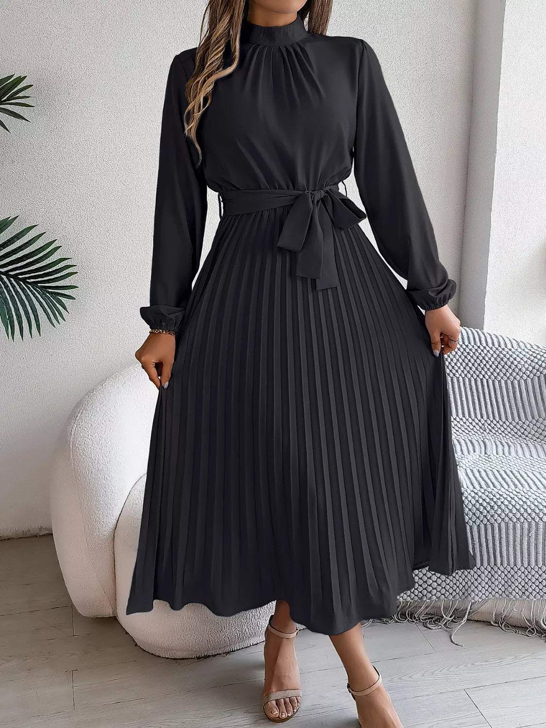 Mock Neck Pleated Midi Dress
