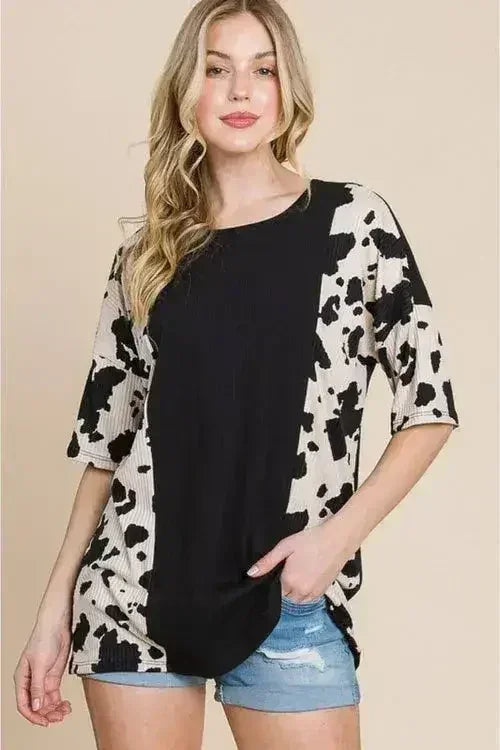 Animal Contrast Ribbed Tee - Edgy Women&