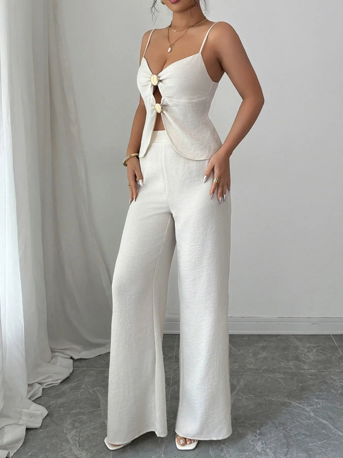Cutout Back Zipper Cami and Wide Leg Pants Set